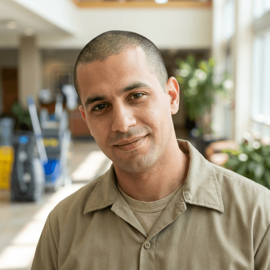 Male building supervisor in his 40s, South Asian, practical professional appearance for facility work