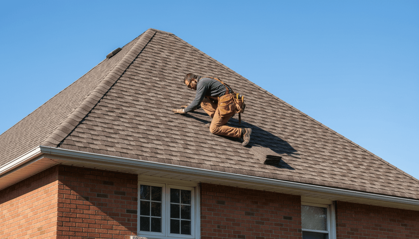 Roofer inspecting shingles on a Toronto home