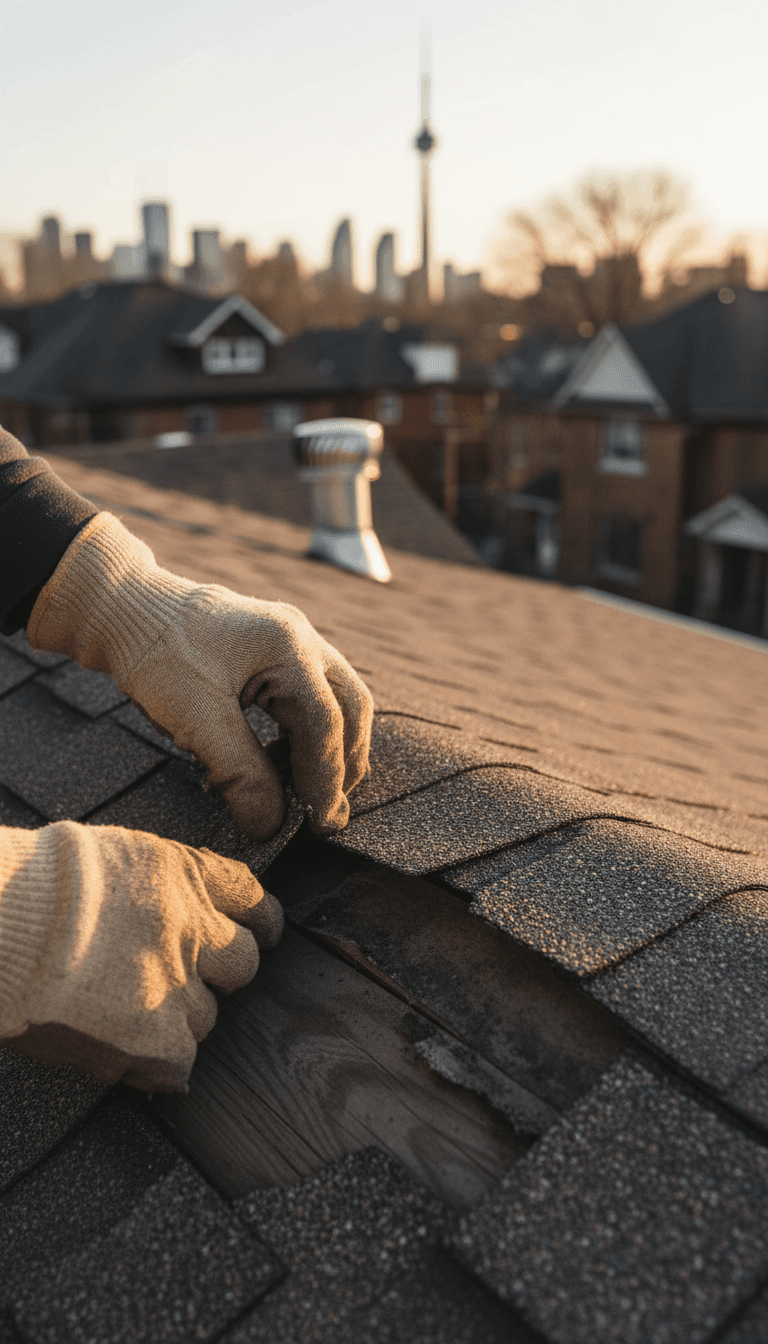 Roofer inspecting shingles on a Toronto home