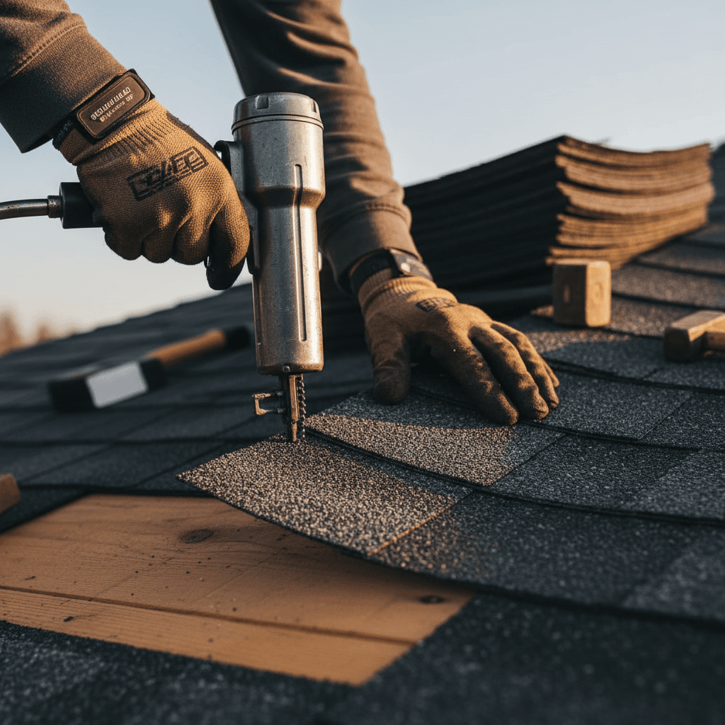 Roofer inspecting asphalt shingles on a Toronto home